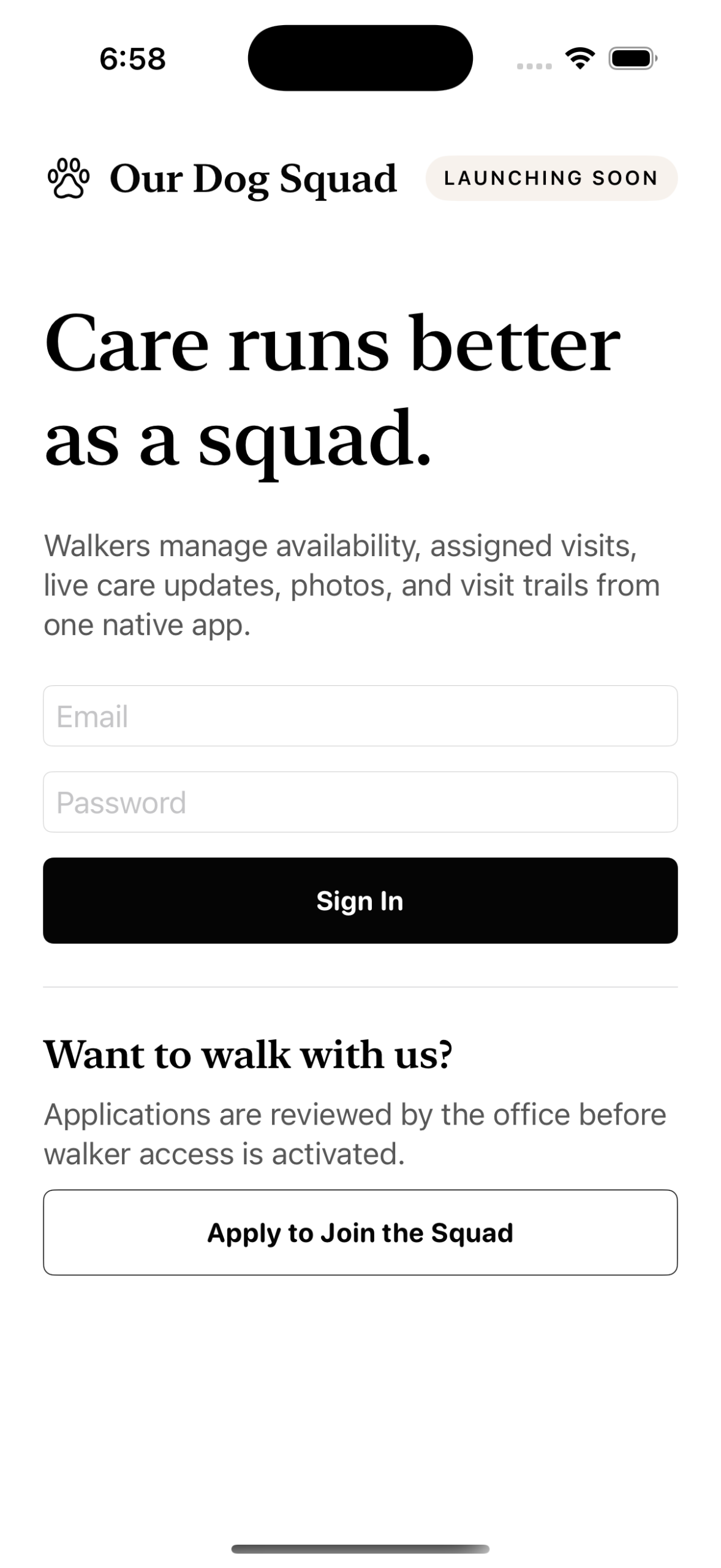 Our Dog Squad native mobile app sign in screen